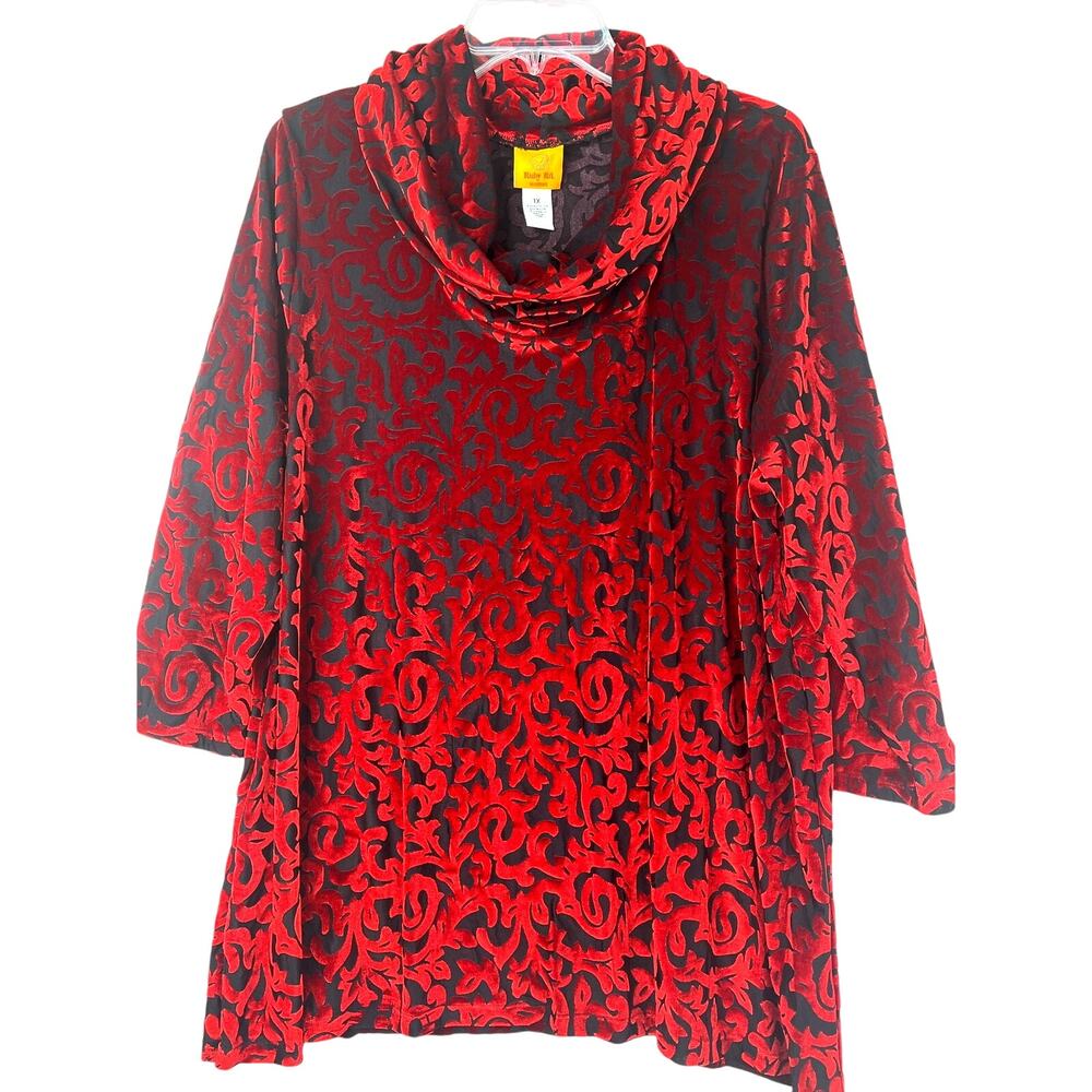 Ruby Rd women's black/red velvet burnout cowl neck top, size 1X, EUC